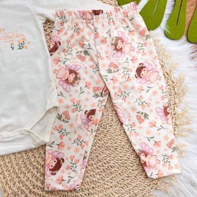 Conj. Body Manga Longa My Little Garden e Calça Legging - Off White e Salmão